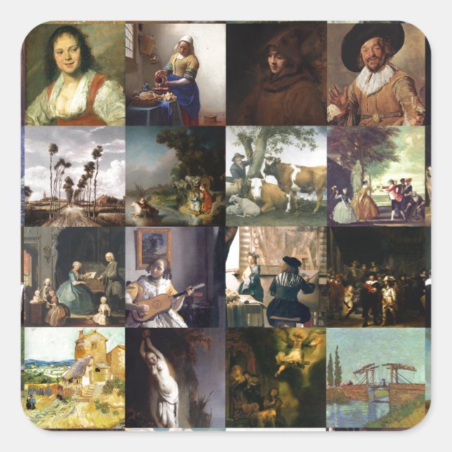 Collage of paintings of van Gogh, Vermeer, etc Square Sticker (Front)