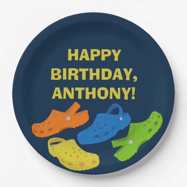Collage of Plastic Shoes Navy Blue Birthday Party Paper Plate (Front)