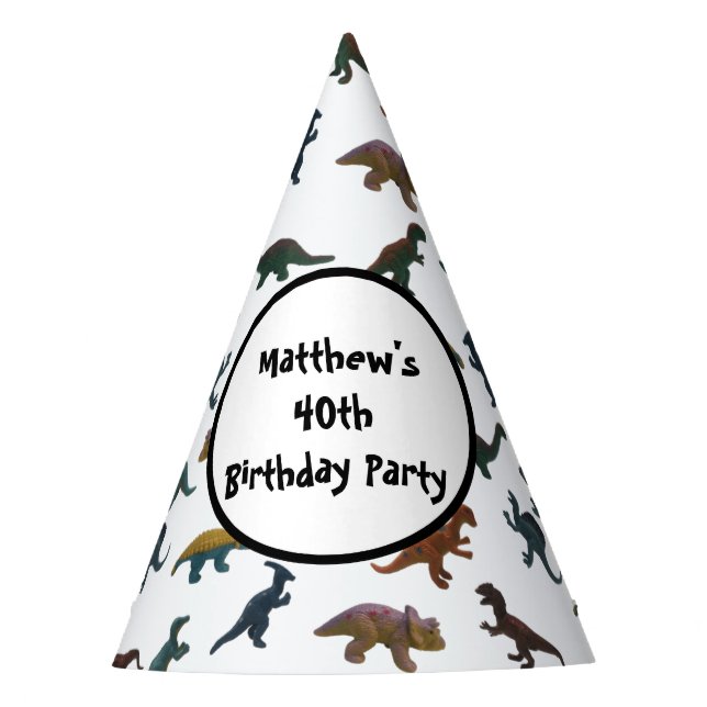 Collage of Plastic Toy Dinosaurs and Your Message Party Hat (Front)