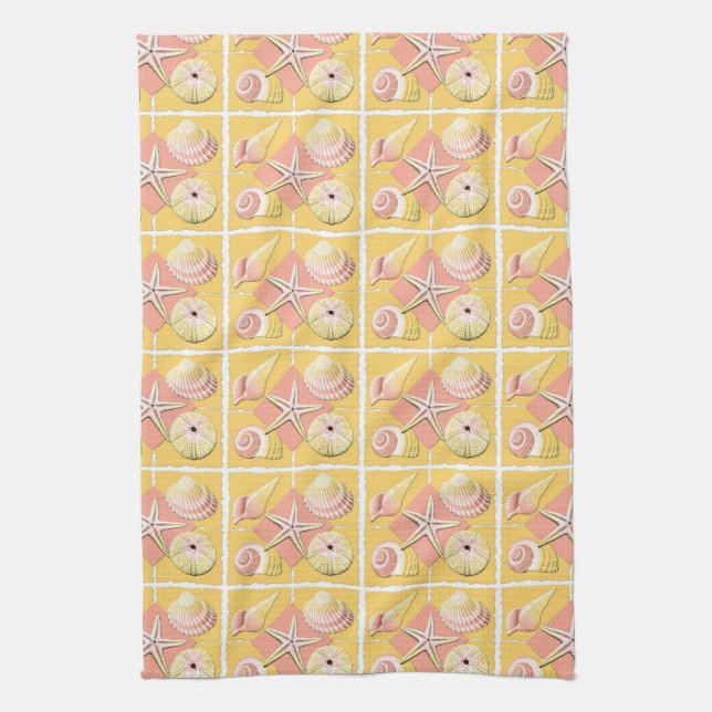 Collage of Seashells Shades of Gold & Pink Tea Towel (Vertical)