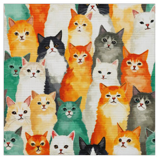 Collage of Watercolor Cats Pattern  Fabric