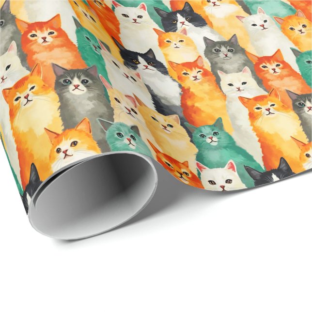 Collage of Watercolor Cats Pattern  Wrapping Paper (Roll Corner)