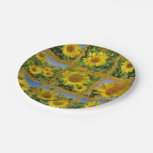 Collage of yellow sunflowers in summer paper plate