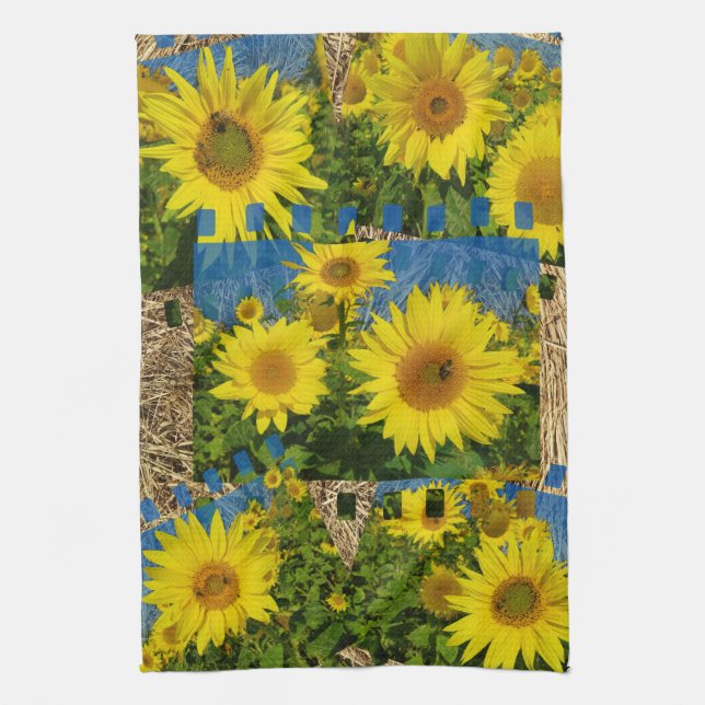 Collage of yellow sunflowers in summer, tea towel (Vertical)