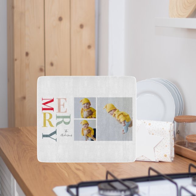 Collage Photo And Colorful Merry | Happy Holiday Cutting Board (Creator Uploaded)
