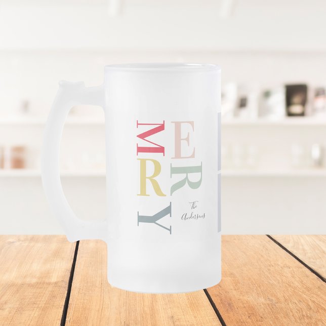 Collage Photo And Colourful Merry | Happy Holiday Frosted Glass Beer Mug (Creator Uploaded)