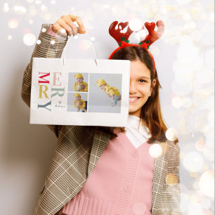 Collage Photo And Colourful Merry   Happy Holiday Large Gift Bag