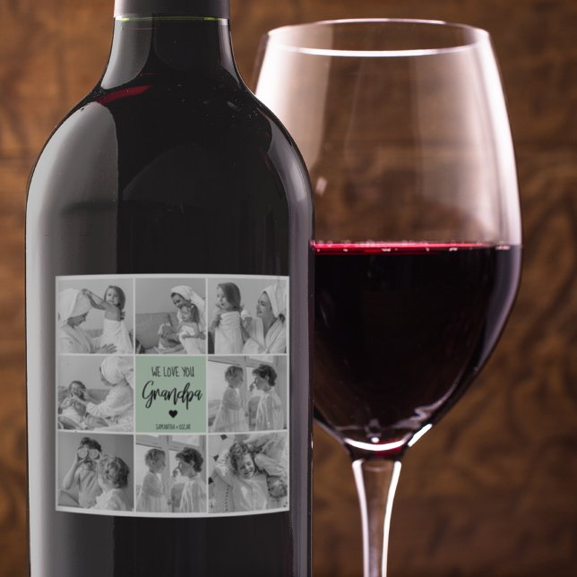 Collage Photo Best Grandpa Ever Pastel Mint Gift Wine Label (Creator Uploaded)