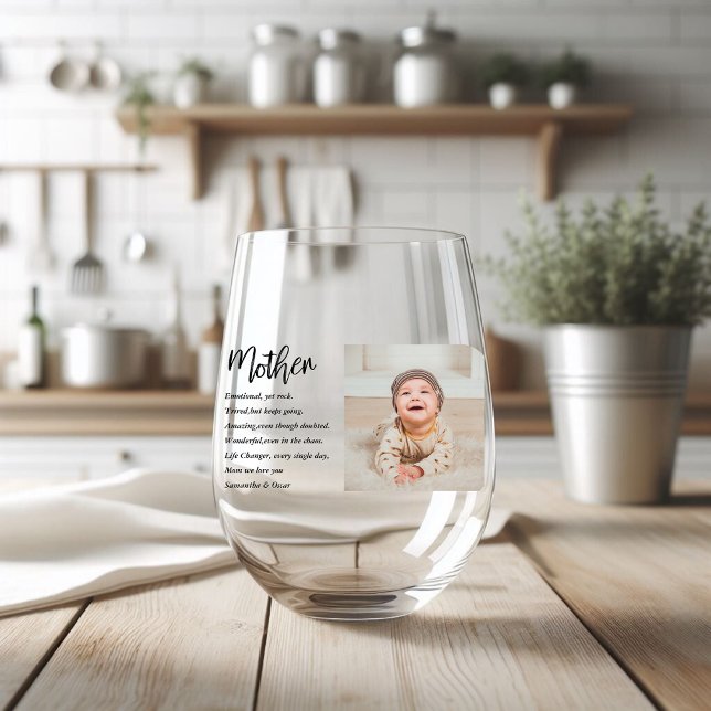 Collage Photo & Best Mother Quote Lovely Gift Stemless Wine Glass (Creator Uploaded)