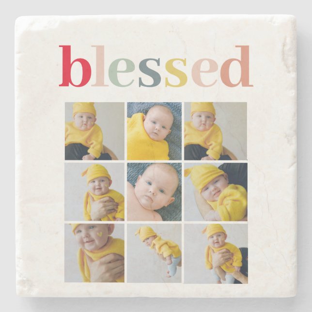 Collage Photo | Colourful Blessed Holiday Gift Stone Coaster (Front)