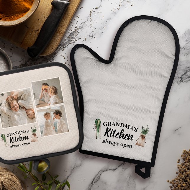 Collage Photo & Grandma Kitchen Is Always Open Oven Mitt & Pot Holder Set (Creator Uploaded)
