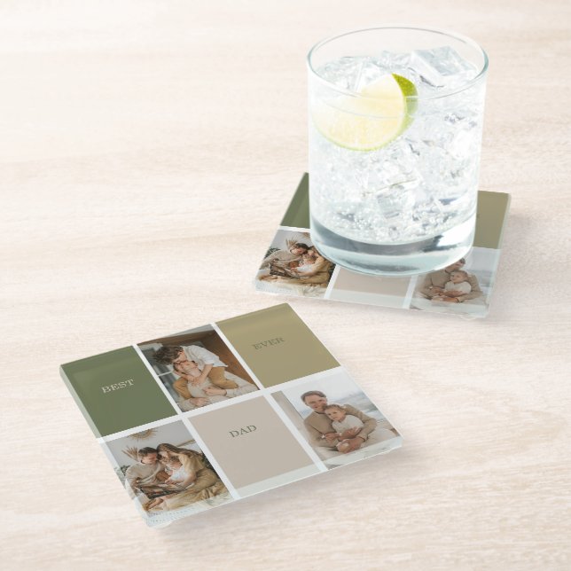 Collage Photo Modern Best Dad Ever Gift Glass Coaster (Angled)