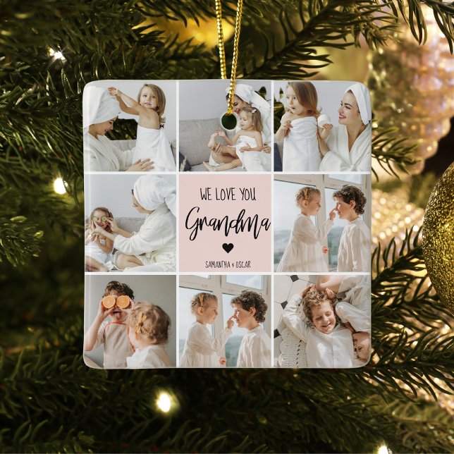 Collage Photo Pink We Love You Grandma Best Gift Ceramic Ornament (Creator Uploaded)