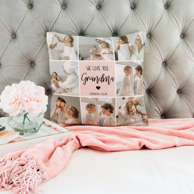 Collage Photo Pink We Love You Grandma Best Gift Cushion (Creator Uploaded)