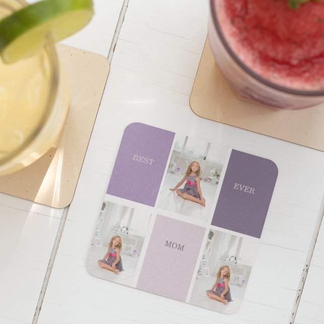 Collage Photo Purple Best Mom Ever Gift Glass Coaster (Creator Uploaded)