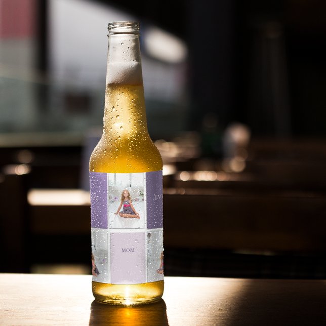 Collage Photo Purple Best Mum Ever Gift Beer Bottle Label (Creator Uploaded)