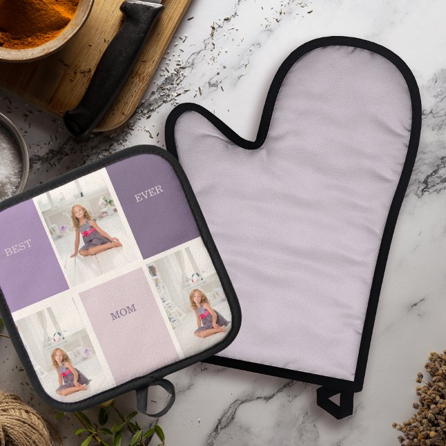 Collage Photo Purple Best Mum Ever Gift  Oven Mitt & Pot Holder Set (Creator Uploaded)