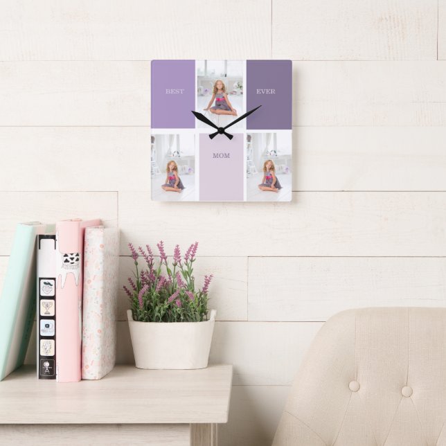 Collage Photo Purple Best Mum Ever Gift Square Wall Clock (Reading Room)