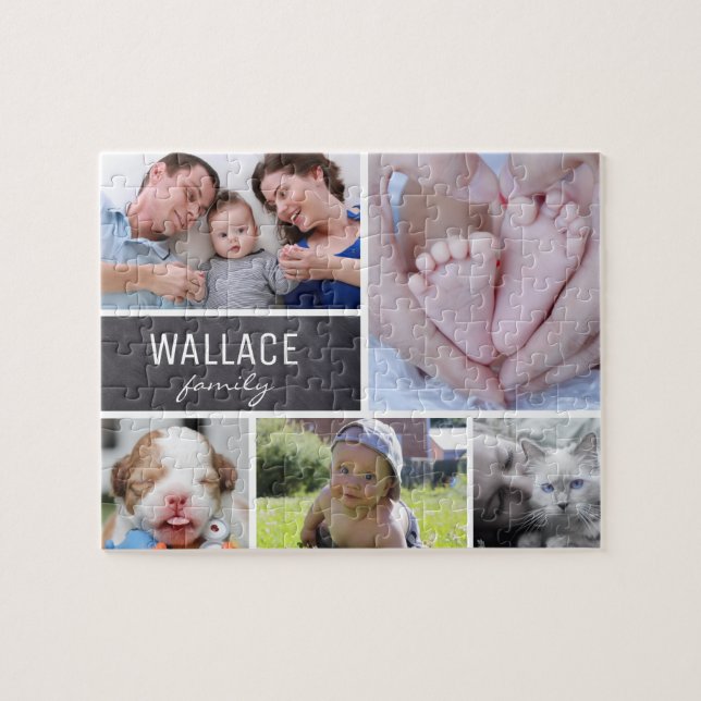 Collage photos with family name, 5 pictures jigsaw puzzle (Horizontal)