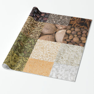 Collage set of spices and food ingredients wrapping paper