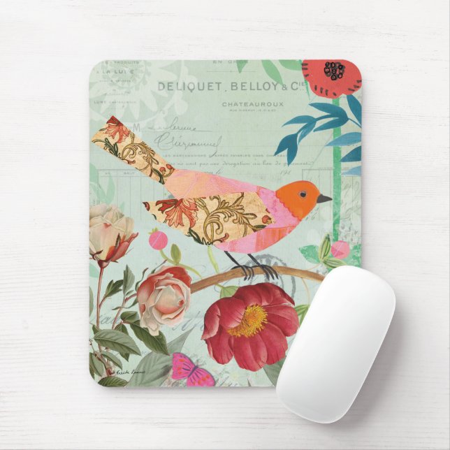 Collage-Style Songbird Mouse Mat (With Mouse)