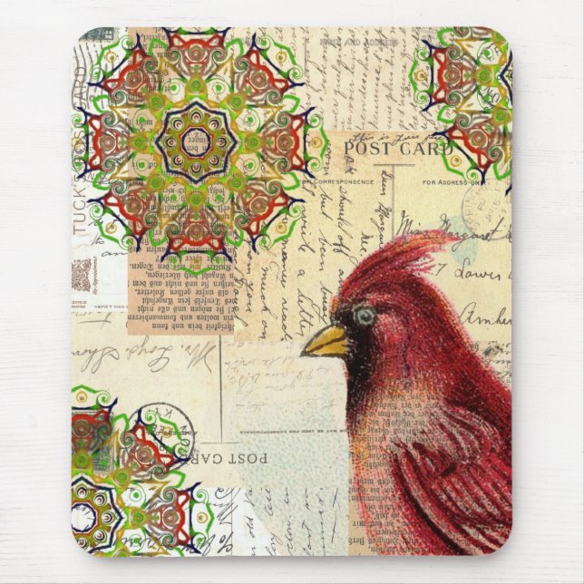 Collaged Old Letters and Postcards with Bird Mouse Mat (Front)