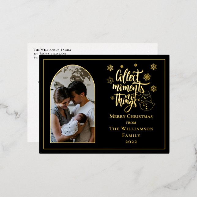 Collect Moments Not Things Snowman Merry Christmas Foil Holiday Postcard (Front/Back)