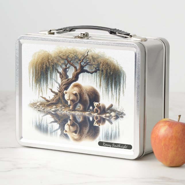 Collectable Bear Family Beside a Tranquil Stream Metal Lunch Box (In Situ)