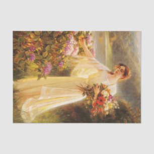 collecting flowers,beautiful lady by Albert Lynch Tissue Paper