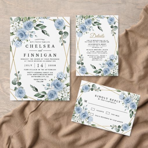 Dusty Blue and Gold Elegant Floral Rustic Wedding Invitation | Zazzle