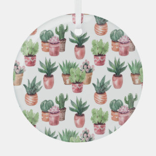 Collection of cacti in pots, watercolor. glass tree decoration
