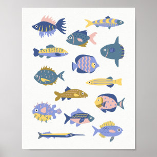 Collection of hand drawn cute fishes kids poster