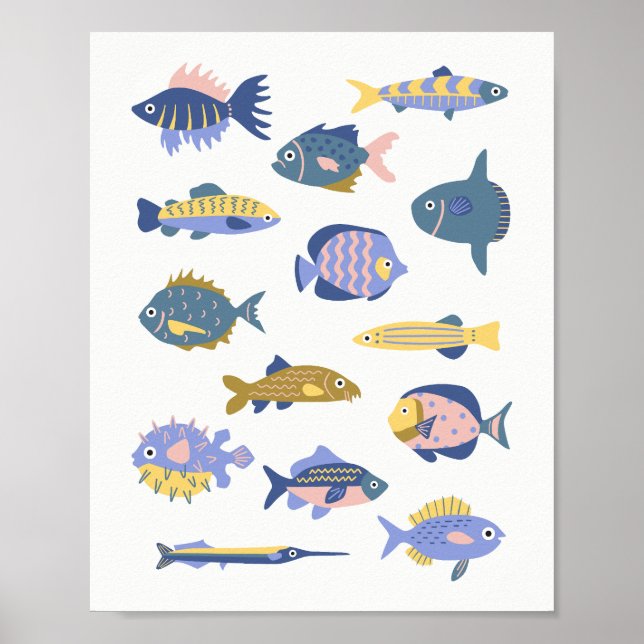 Collection of hand drawn cute fishes kids poster (Front)