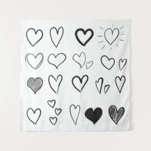 Collection of hand drawn hearts isolated on white tapestry