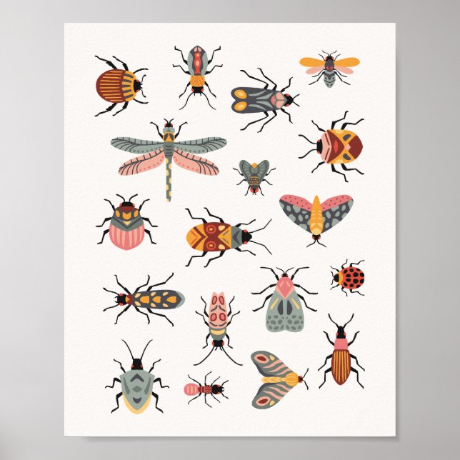 Collection of hand drawn retro cute bugs kids poster (Front)