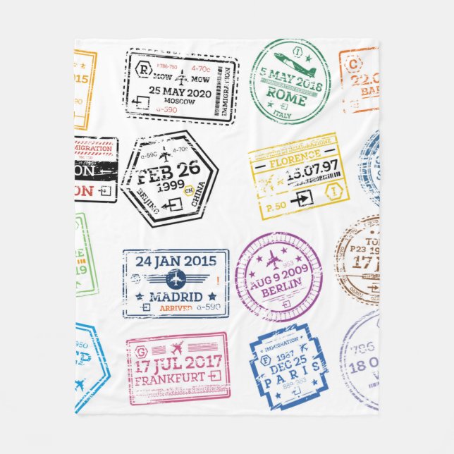 Collection of Passport Stamps Isolated on White. V Fleece Blanket (Front)