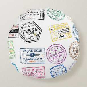 Collection of Passport Stamps Isolated on White. V Round Cushion