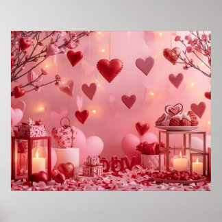 Collection of Pink and Red Hearts on a Modern Wall Poster