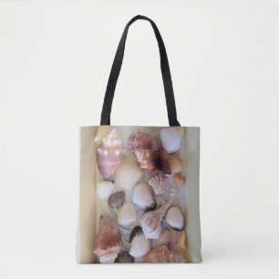 Collection of seashells on a tote bag