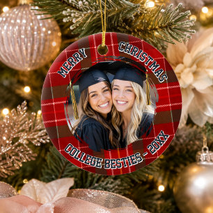 College Besties photo red plaid tartan Ceramic Tree Decoration
