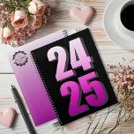 College Business Pink and black 2024 2025 personal Planner<br><div class="desc">College and Business 2024 2025 Personal Customisable Planner. The Black front has bold Numbers 24/25 with a vibrant Pink colorfading. The backcover has the same Pink colorfading as on the front and a stampdesign with Customisable name, title and text. This is a planner you can use through two years like...</div>