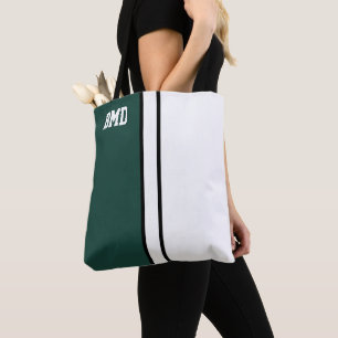 College Colours Dark Green & White Monogram  Tote Bag