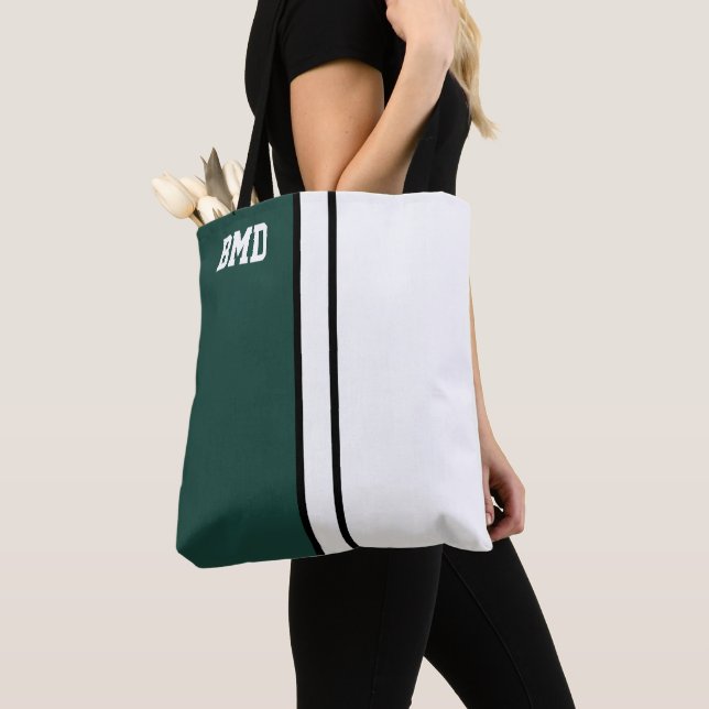 College Colours Dark Green & White Monogram  Tote Bag (Close Up)
