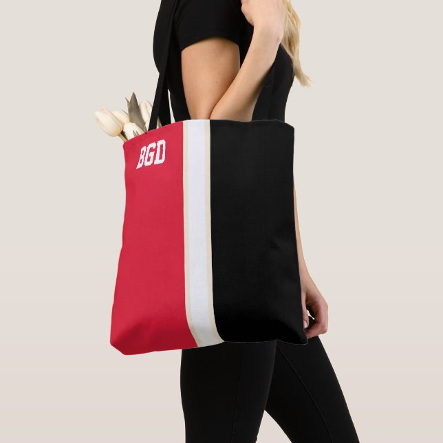 College Colours Red, Black & Cream Monogram  Tote Bag (Close Up)