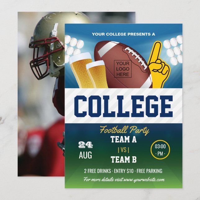 College Football Party change colour and add logo Invitation (Front/Back)