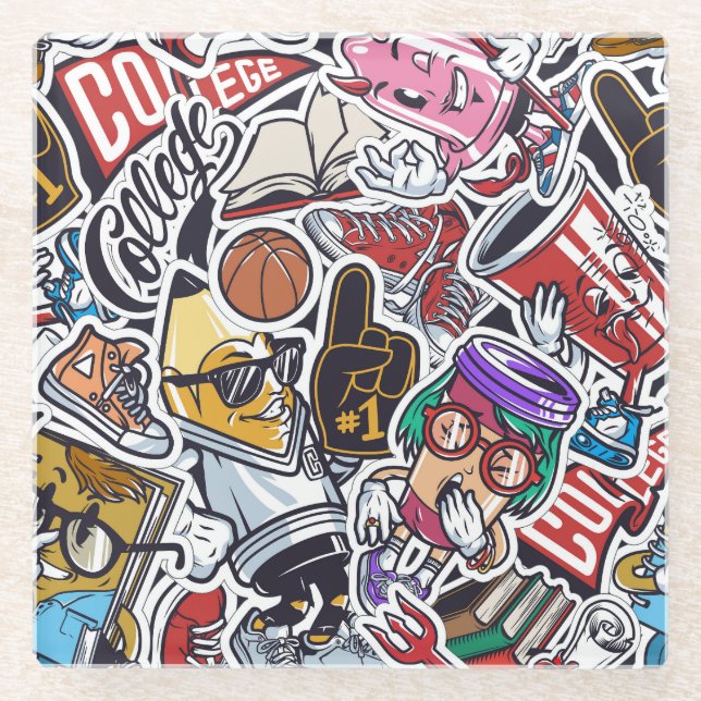 College Fun, Colourful Vintage Pattern Glass Coaster (Front)