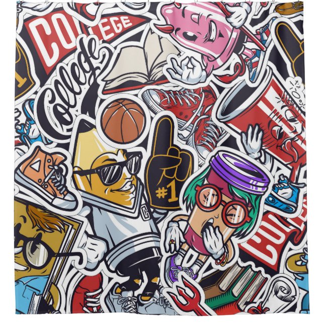 College Fun, Colourful Vintage Pattern Shower Curtain (Front)