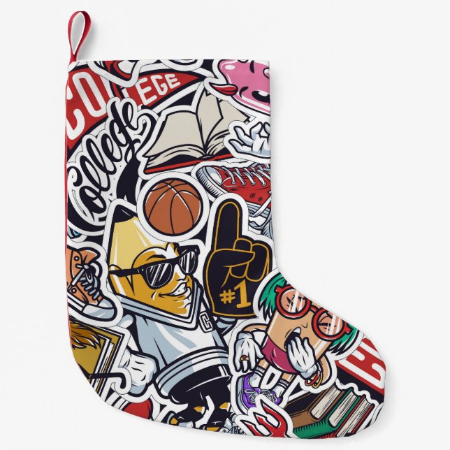 College Fun, Colourful Vintage Pattern Small Christmas Stocking (Front)