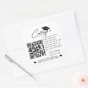 College Fund Qr Code Black White Graduation Modern Square Sticker
