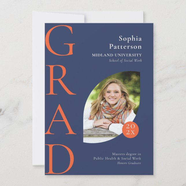 College Graduate Photo Blue Orange Announcement (Front)